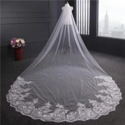One-Tier Wedding Veil UK Tulle Lace Edge Cathedral Veils Sequins Appliques TS91045