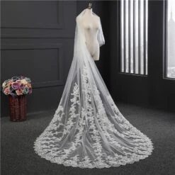 Two-Tier Wedding Veil UK Tulle Lace Edge Cathedral Veils Appliques TS91030