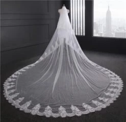 Two-Tier Wedding Veil UK Tulle Lace Edge Cathedral Veils Appliques TS91028