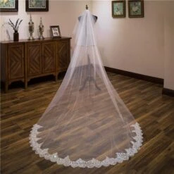 Two-Tier Wedding Veil UK Tulle Lace Edge Chapel Veils Sequins Appliques TS91033