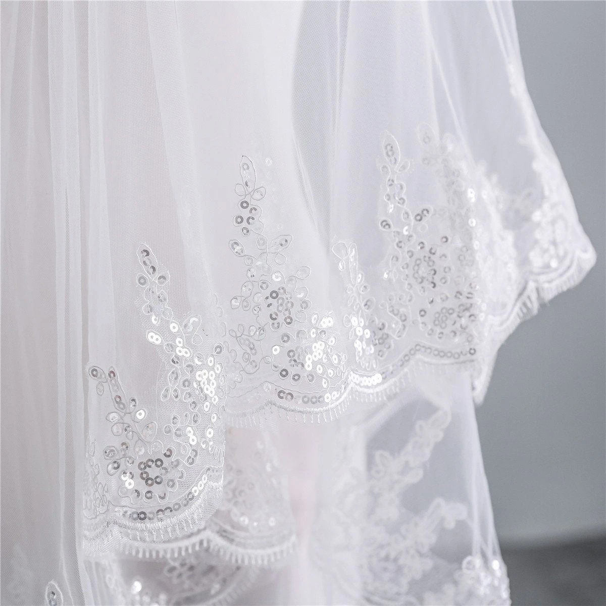 Two-Tier Wedding Veil UK Tulle Lace Edge Elbow Bridal Veils Appliques TS91002 - Image 4