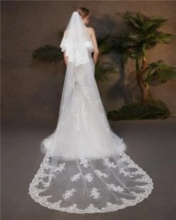 Two-Tier Wedding Veil UK Tulle Lace Edge Chapel Veils Appliques TS91006