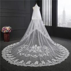 Two-Tier Wedding Veil UK Tulle Lace Edge Cathedral Veils Appliques TS91010