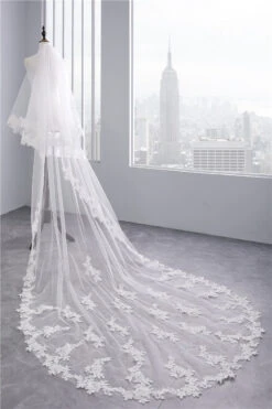 Two-Tier Wedding Veil UK Tulle Lace Edge Chapel Veils Appliques TS91007