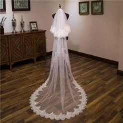 Two-Tier Wedding Veil UK Tulle Lace Edge Chapel Veils Appliques TS91009
