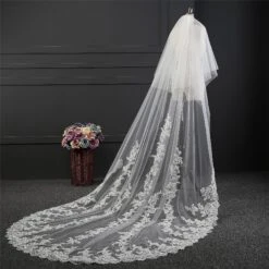Two-Tier Wedding Veil UK Lace Edge Tulle Cathedral Veils Appliques TS9005