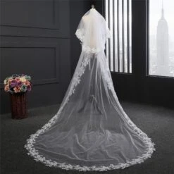 Two-Tier Wedding Veil UK Lace Edge Tulle Cathedral Veils Appliques TS9014