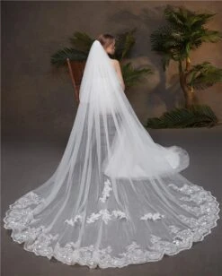 Two-Tier Wedding Veil UK Tulle Lace Edge Cathedral Veils Sequins Appliques TS91014