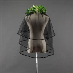 Two-Tier Wedding Veil UK Tulle Ribbon Edge Black Elbow Bridal Veils TS91044