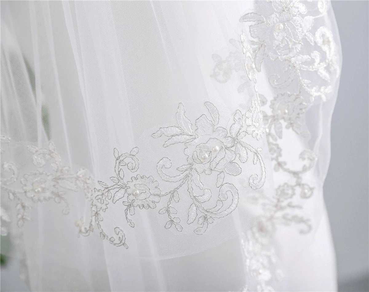 Two-Tier Wedding Veil UK Lace Edge Tulle Elbow Veils Beading Appliques TS9013 - Image 3