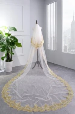 Two-Tier Wedding Veil UK Tulle Lace Edge Cathedral Veils Golden Appliques TS91023