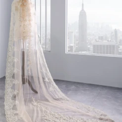 One-Tier Wedding Veil UK Lace Edge Tulle Cathedral Veils Sequin Appliques TS9009