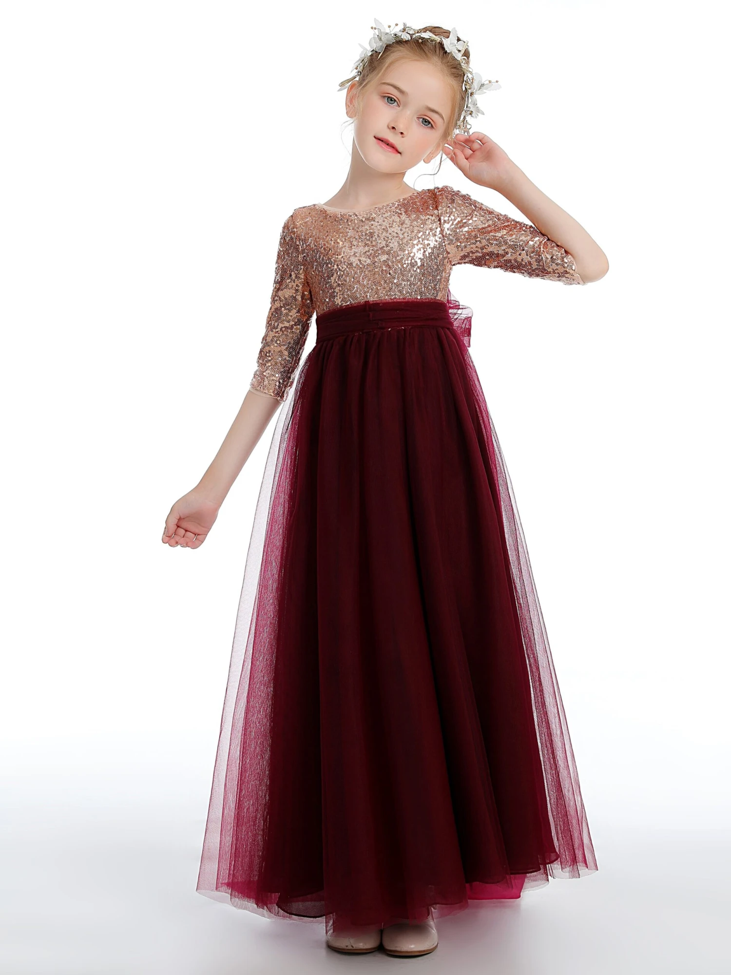 Burgundy Half Sleeves Sequins Tulle Flower Girl Dress - Image 2