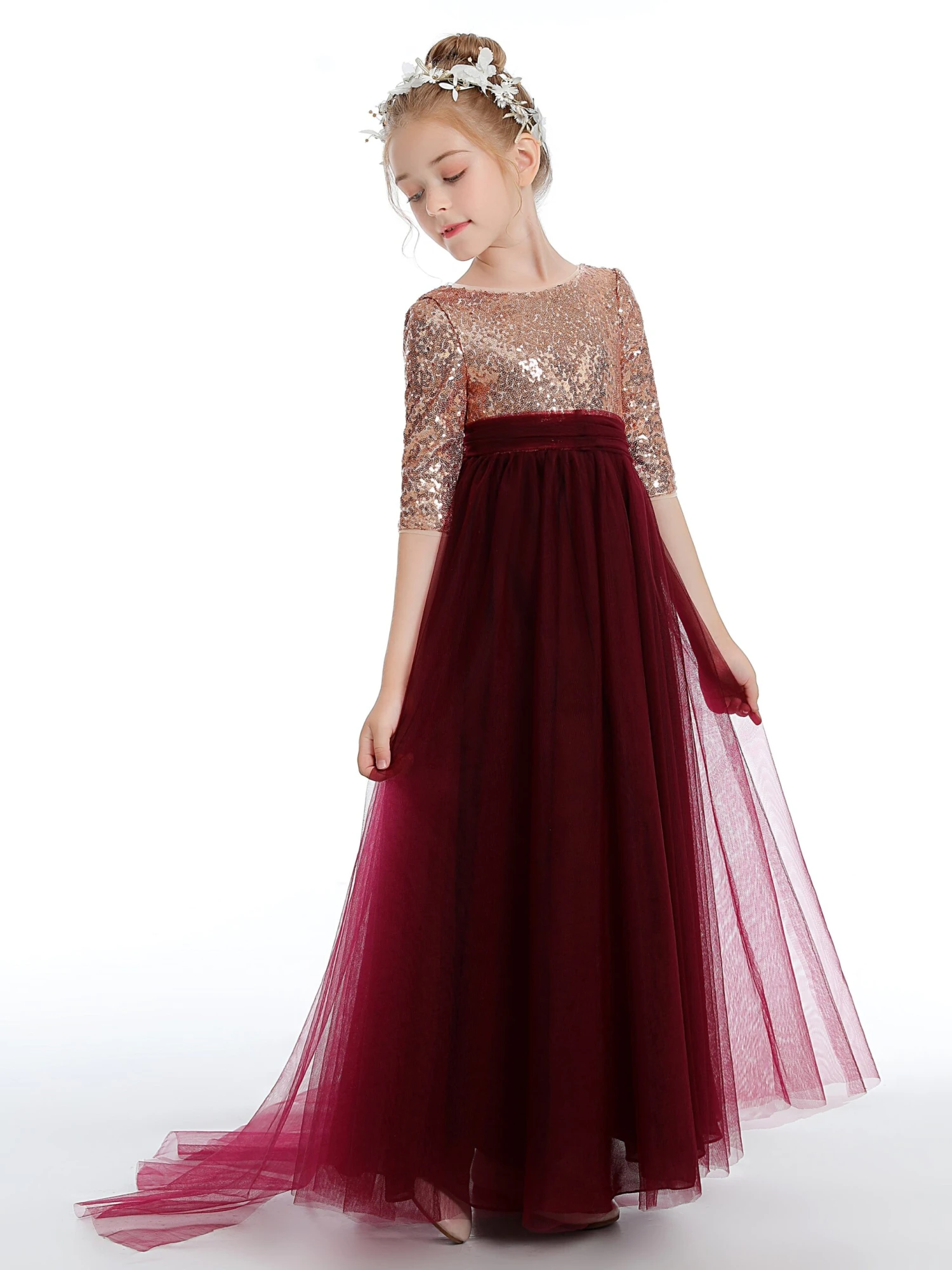 Burgundy Half Sleeves Sequins Tulle Flower Girl Dress