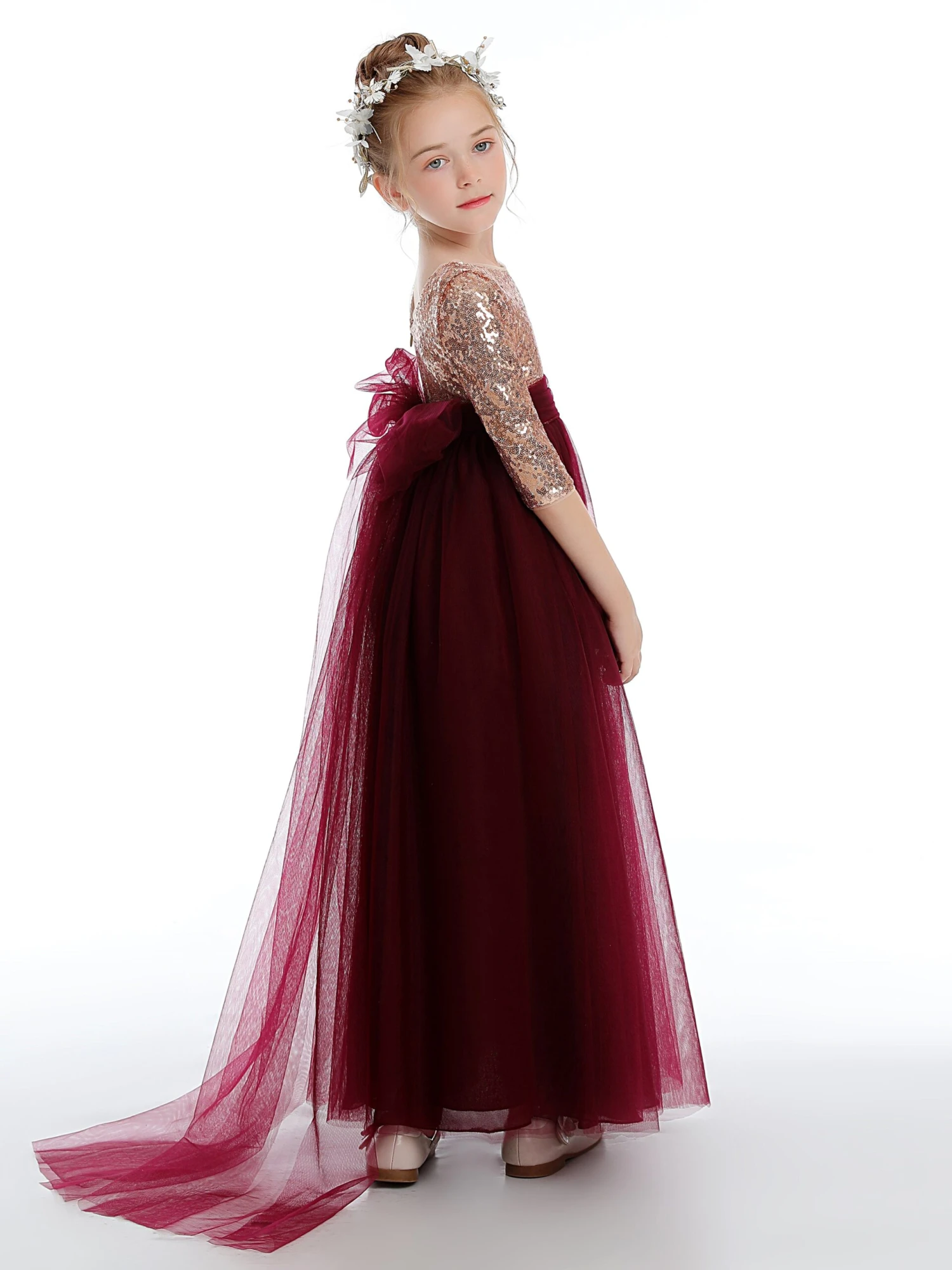 Burgundy Half Sleeves Sequins Tulle Flower Girl Dress - Image 4