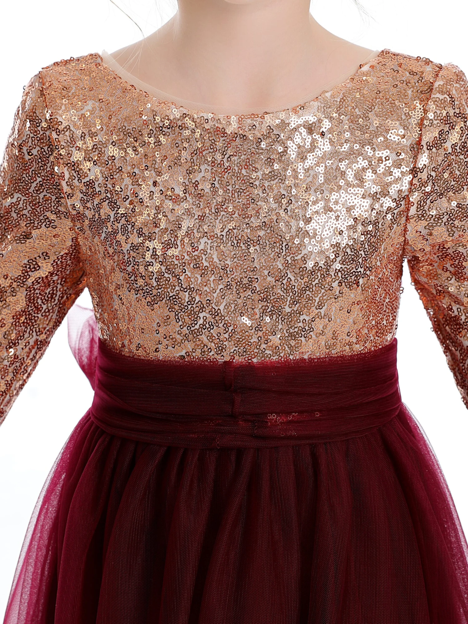 Burgundy Half Sleeves Sequins Tulle Flower Girl Dress - Image 6