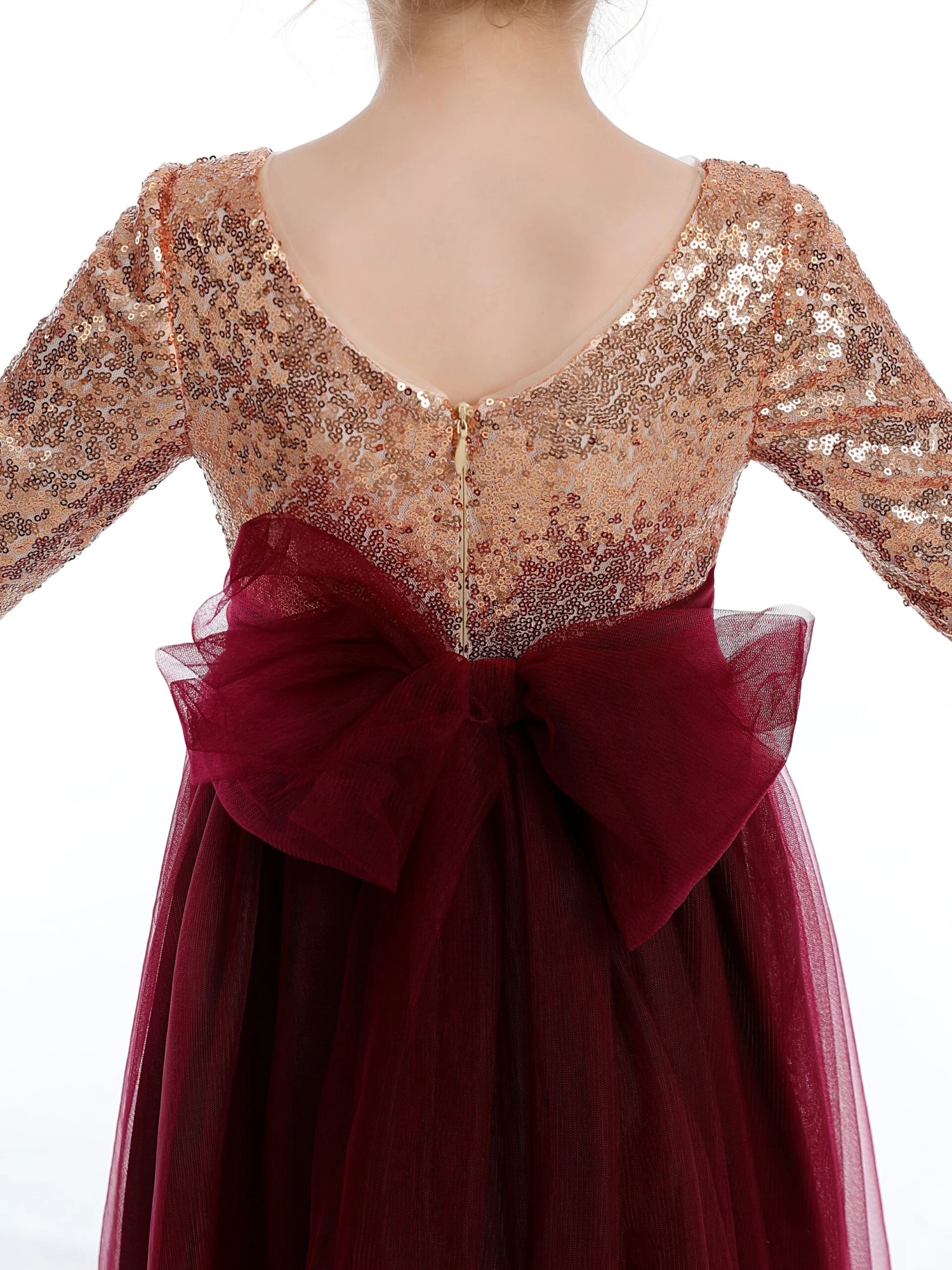 Burgundy Half Sleeves Sequins Tulle Flower Girl Dress - Image 5