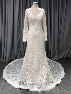Mermaid V-neck Court Train Long Sleeves Wedding Dresses With Lace