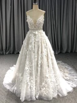 A-Line Spaghetti Straps Sweep Train Wedding Dresses With Lace