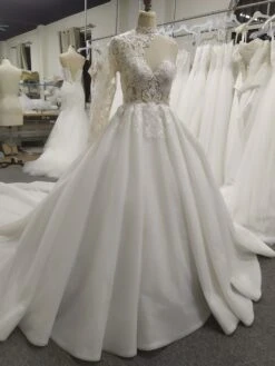 A-Line Long Sleeves Sweep Train Wedding Dresses With Lace