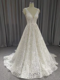 A-Line V-Neck Court Train Lace Wedding Dresses