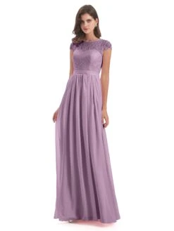 Darcy Modest Cap Sleeves Illusion Long Bridesmaid Dresses