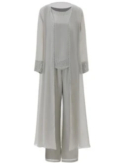 Graceful 3 Pieces Chiffon Mother Of Bride Dress Pant Suits