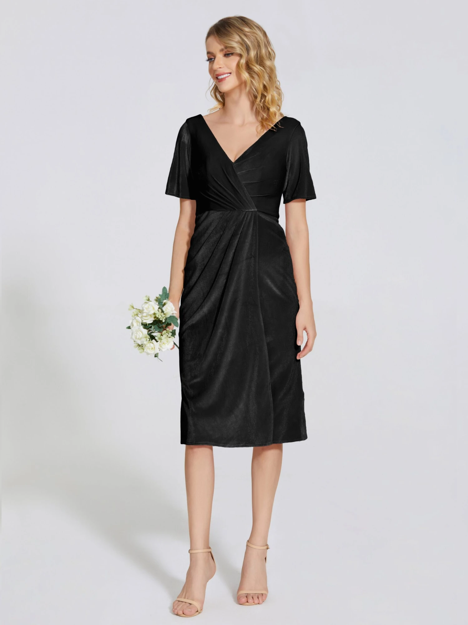 Kendall Flattering V-neck Knee Length Velvet Bridesmaid Dresses - Image 3