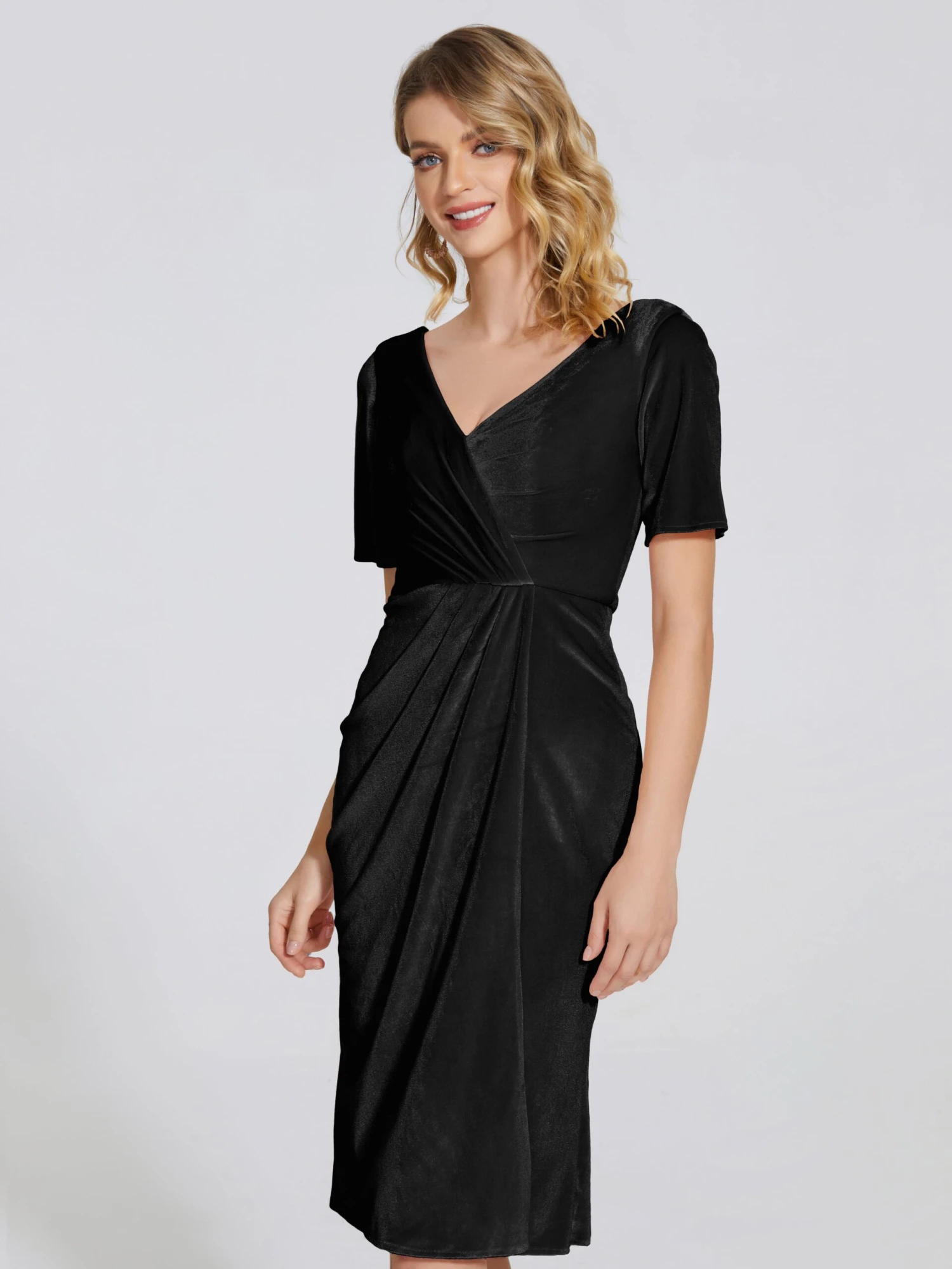 Kendall Flattering V-neck Knee Length Velvet Bridesmaid Dresses - Image 6