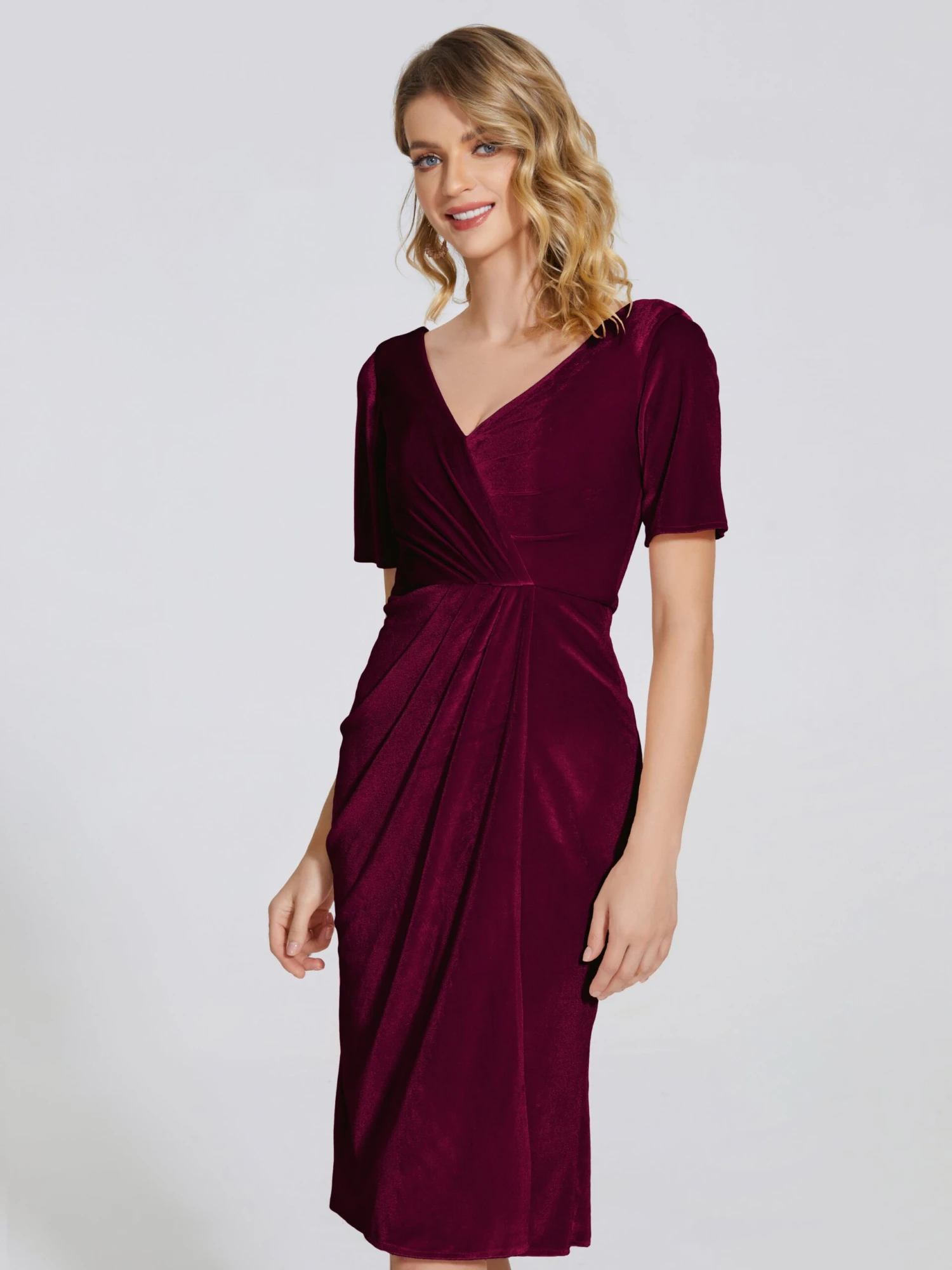 Kendall Flattering V-neck Knee Length Velvet Bridesmaid Dresses - Image 8