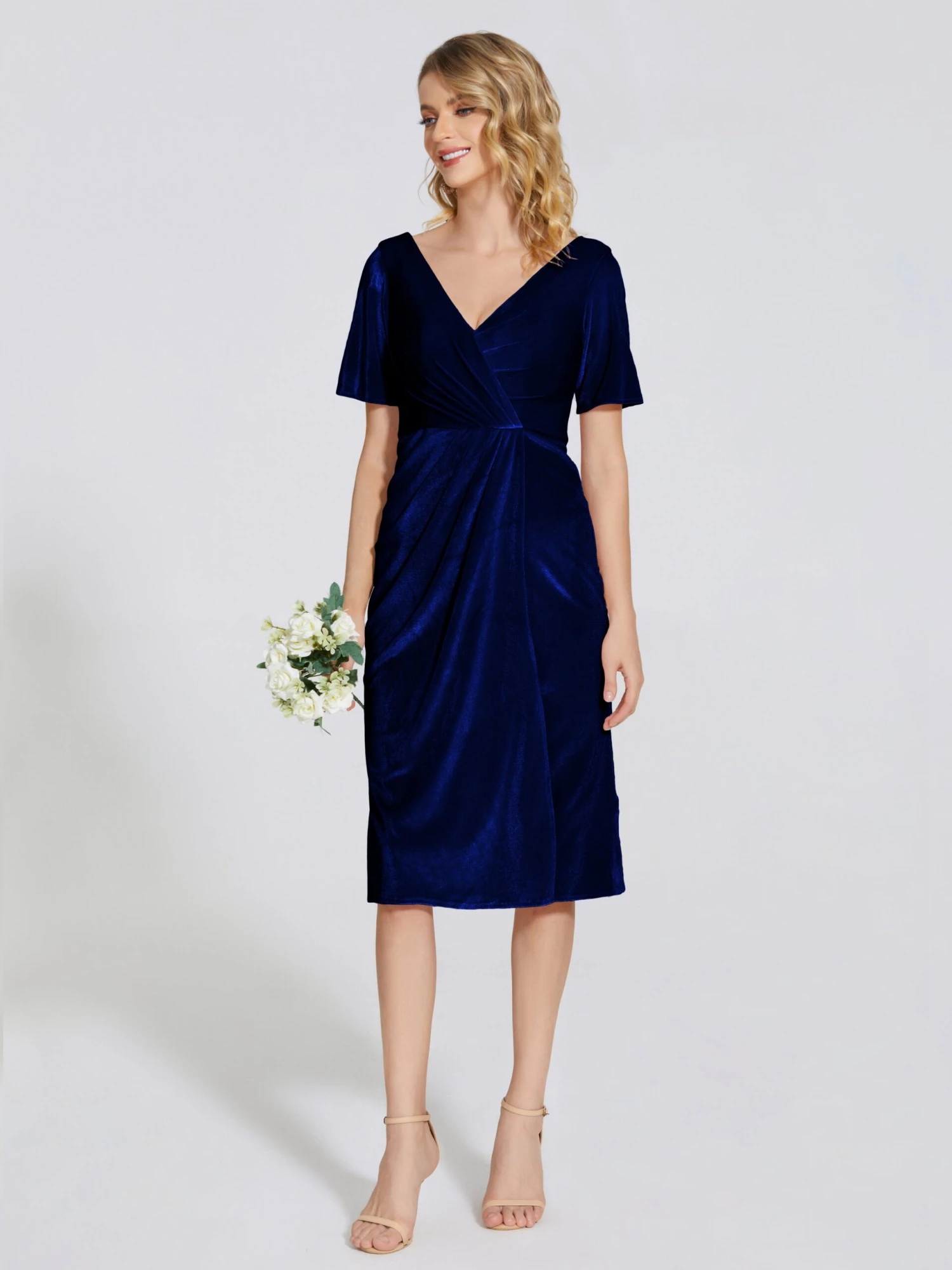 Kendall Flattering V-neck Knee Length Velvet Bridesmaid Dresses - Image 17