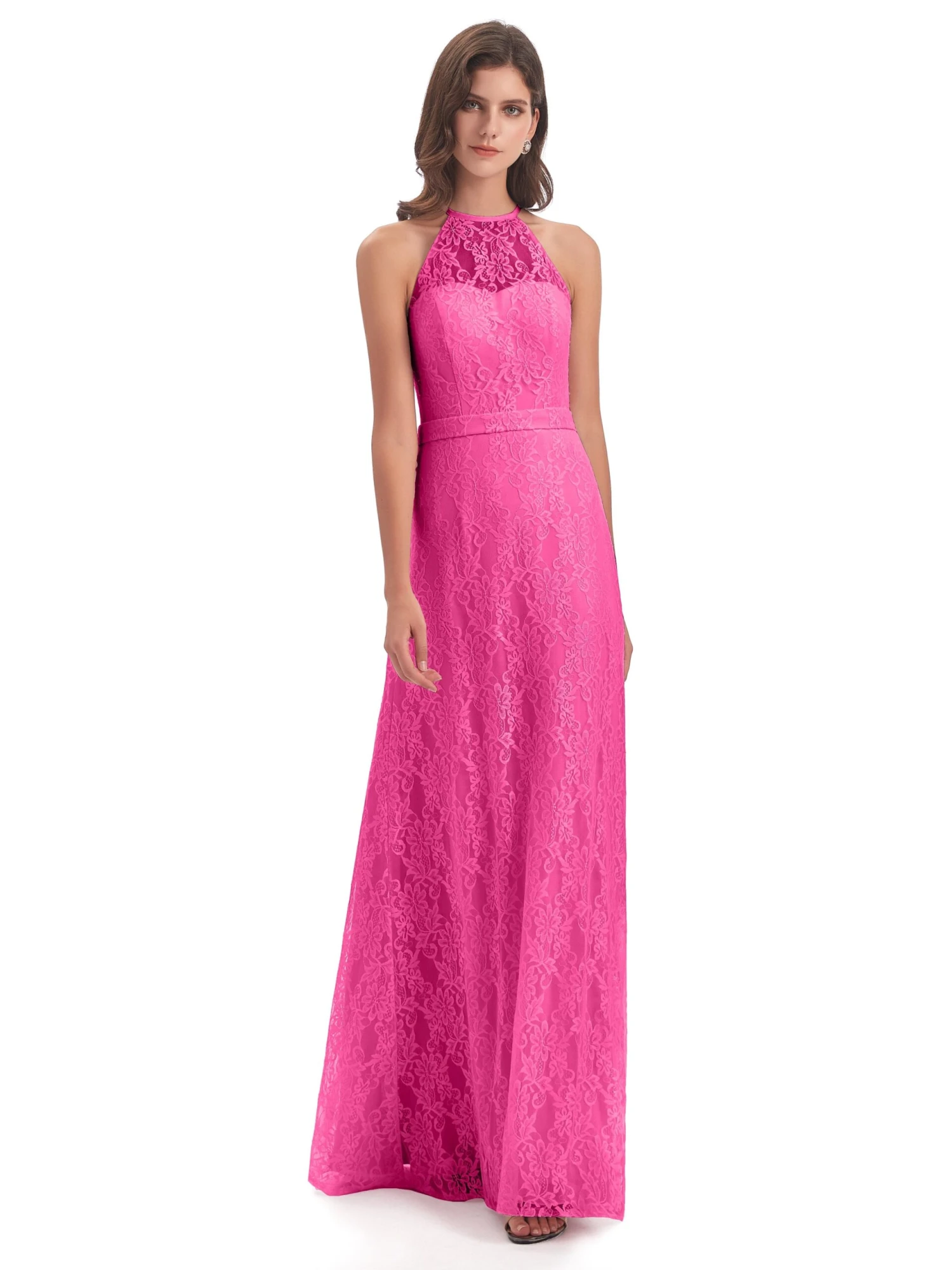 Lily Lace Column Halter Floor-Length Bridesmaid Dresses - Image 4