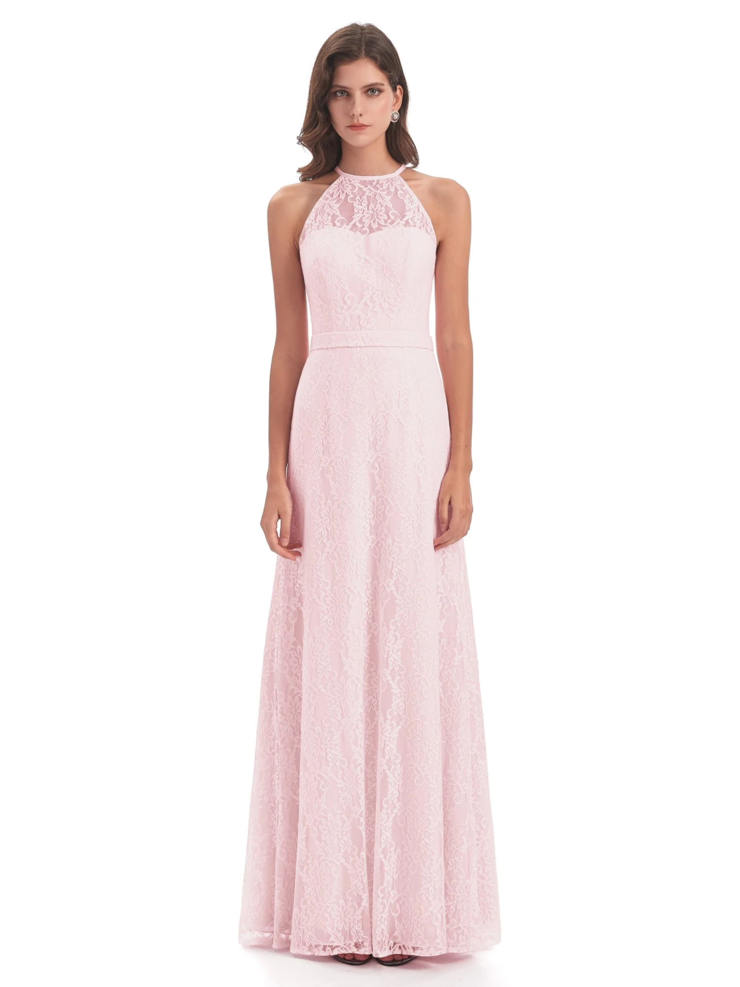 Lily Lace Column Halter Floor-Length Bridesmaid Dresses - Image 14