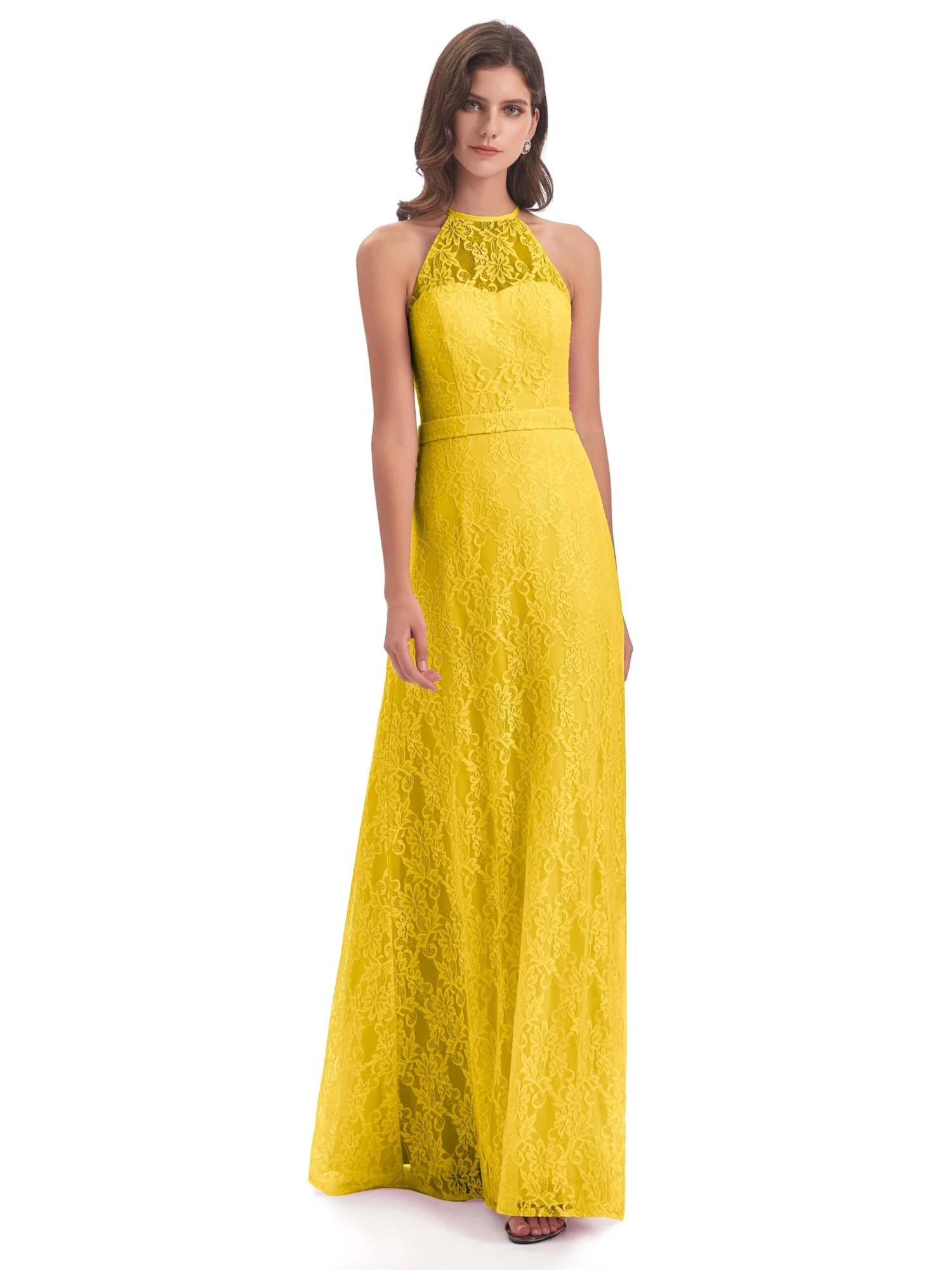 Lily Lace Column Halter Floor-Length Bridesmaid Dresses - Image 3