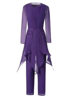 Long Sleeves Chiffon Lace Mother Of The Bride Dress Pant Suits