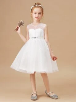 Scoop Beading Short Tulle Short Flower Girl Dress