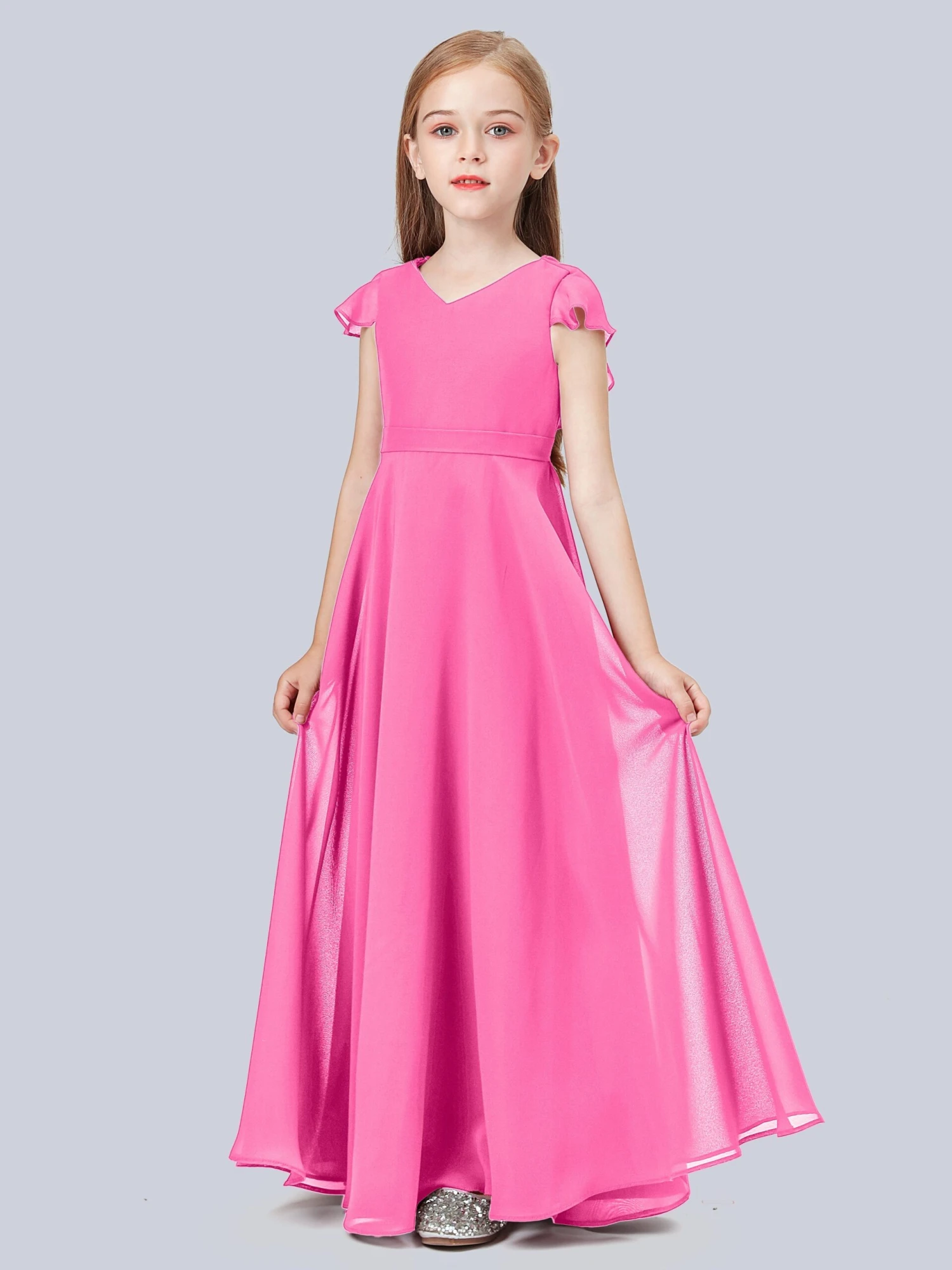 Flounce Cap Sleeves Chiffon Junior Bridesmaid Dress - Image 5