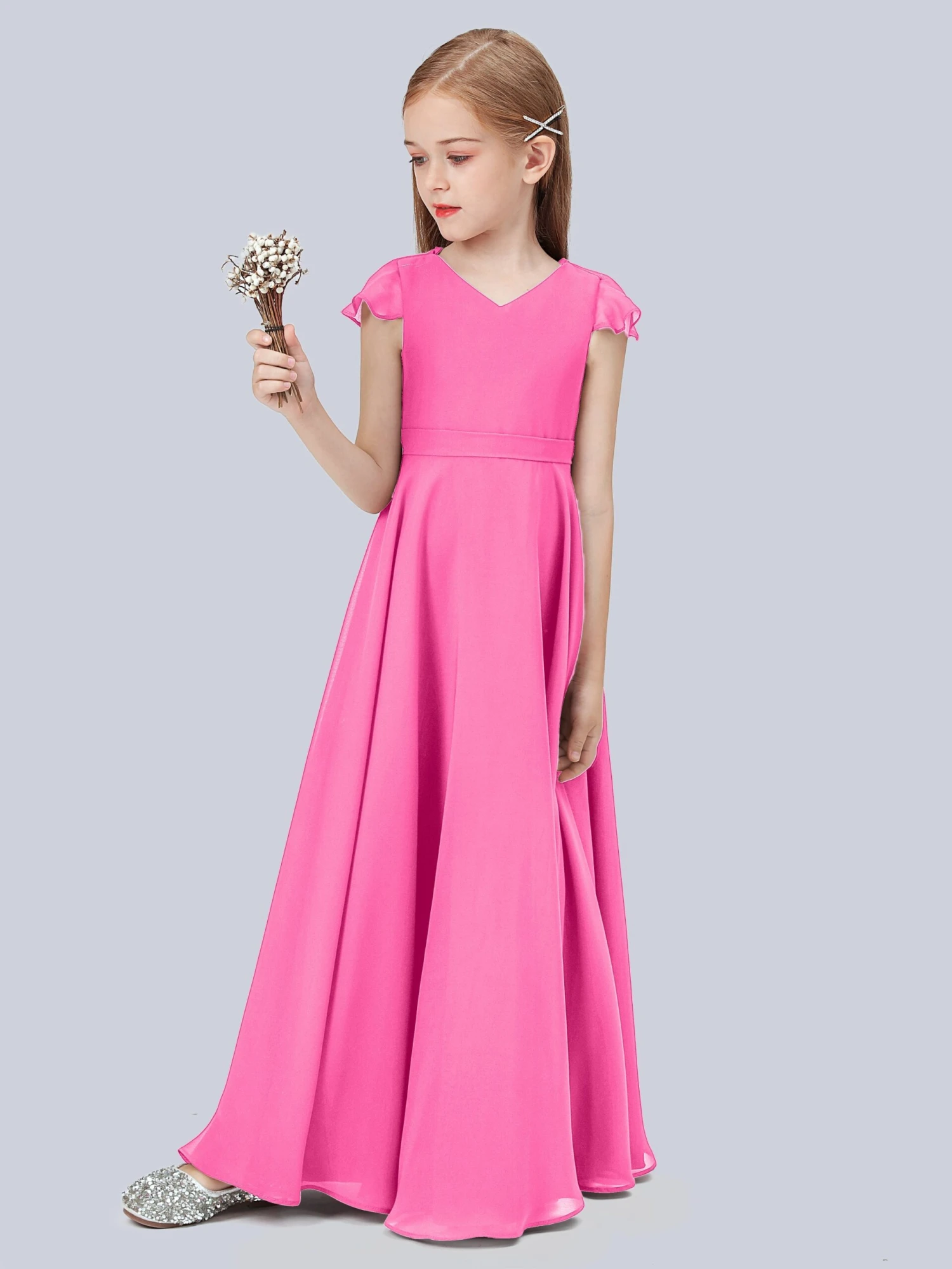 Flounce Cap Sleeves Chiffon Junior Bridesmaid Dress - Image 6