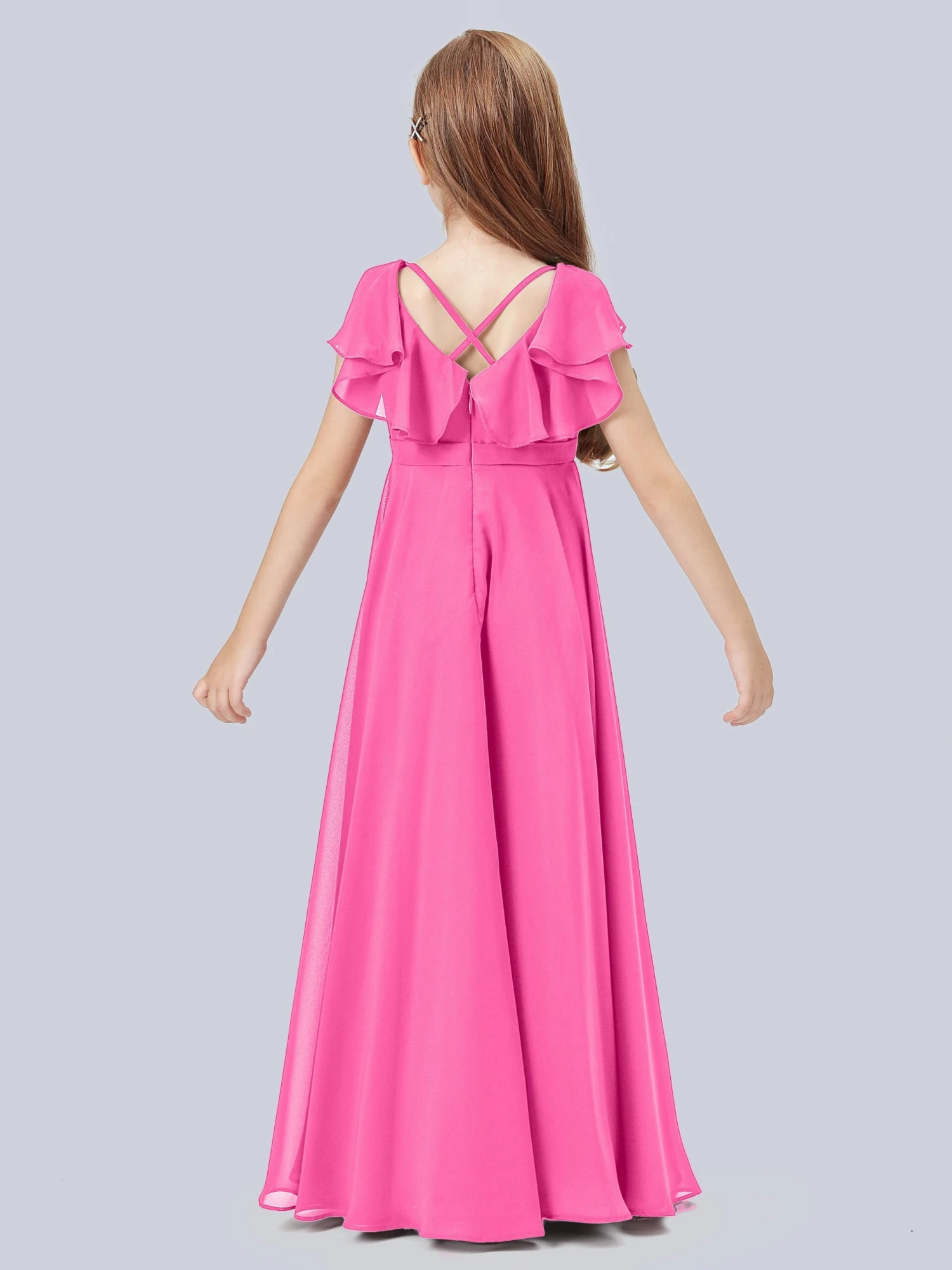 Flounce Cap Sleeves Chiffon Junior Bridesmaid Dress - Image 7