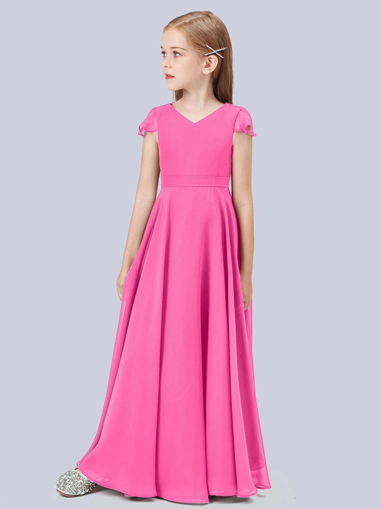 Flounce Cap Sleeves Chiffon Junior Bridesmaid Dress - Image 8