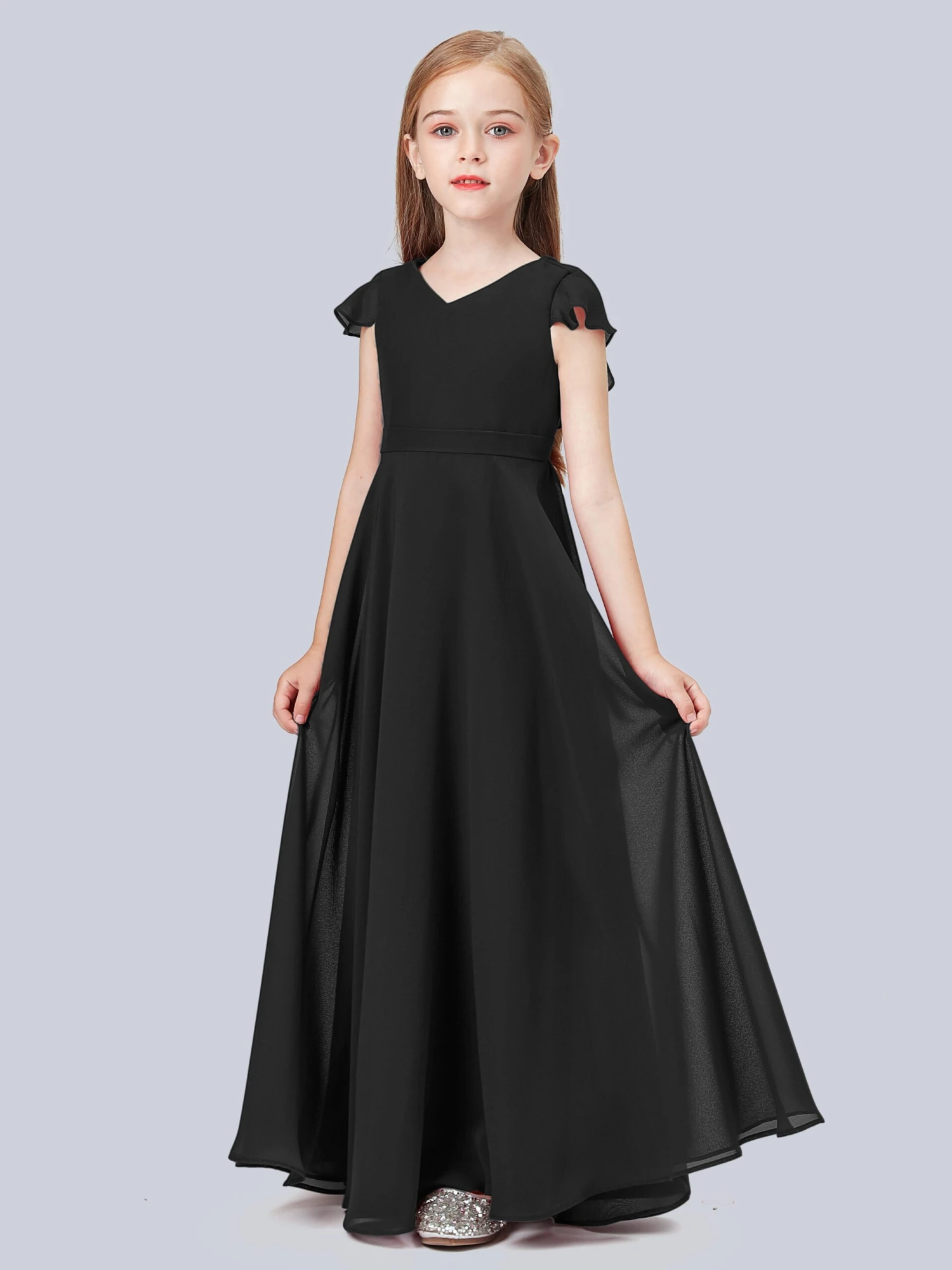 Flounce Cap Sleeves Chiffon Junior Bridesmaid Dress - Image 9