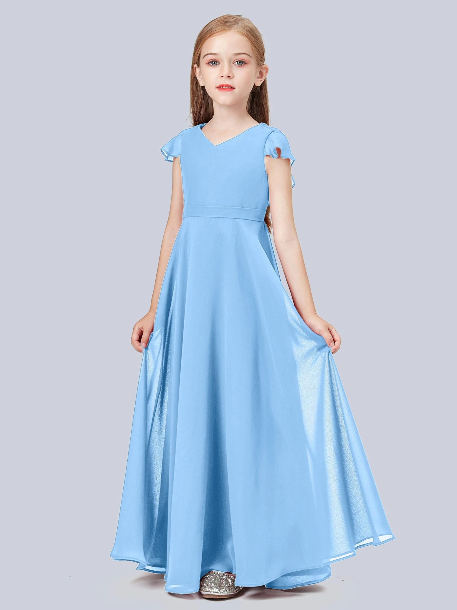 Flounce Cap Sleeves Chiffon Junior Bridesmaid Dress - Image 10