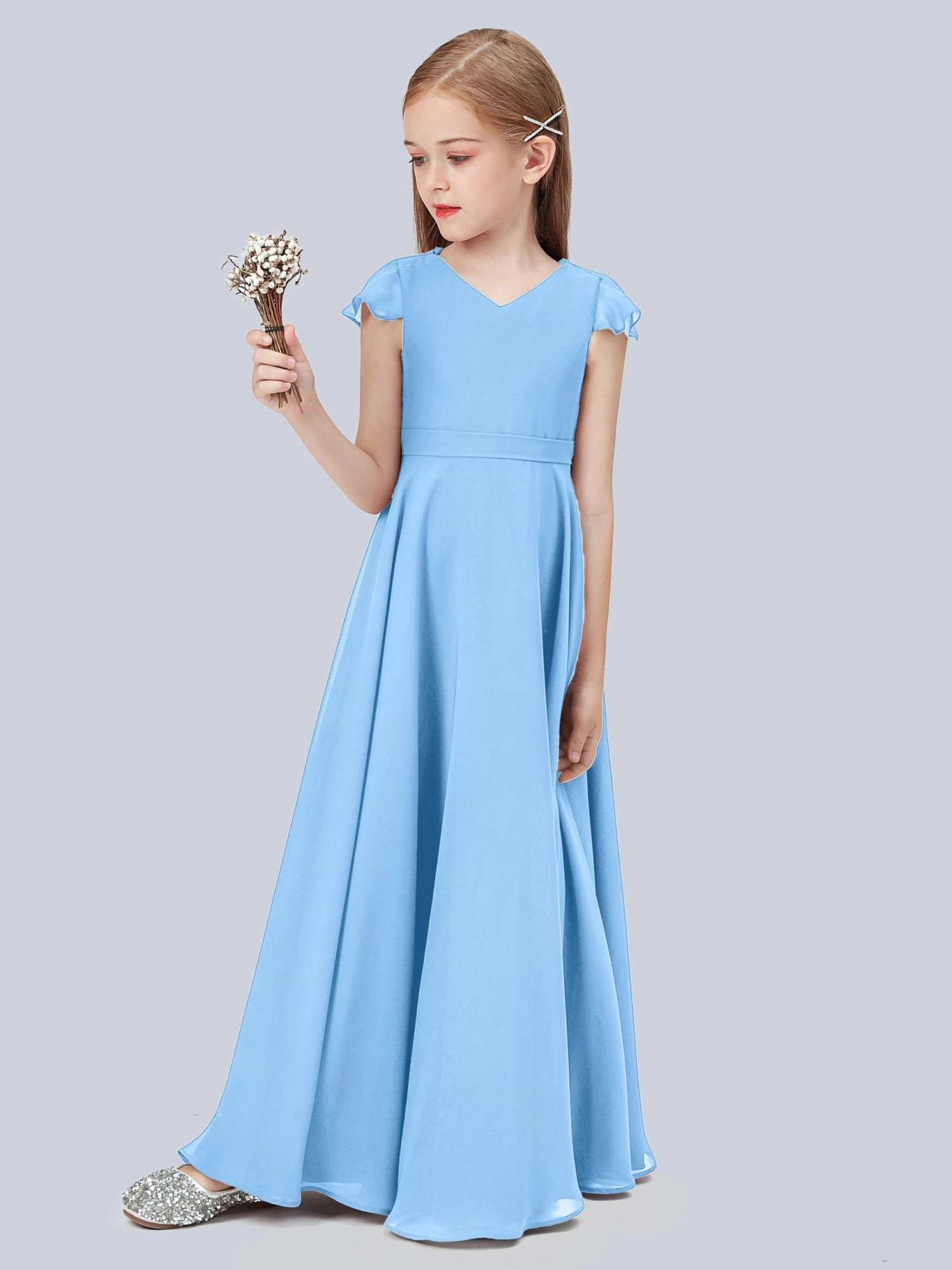 Flounce Cap Sleeves Chiffon Junior Bridesmaid Dress - Image 11