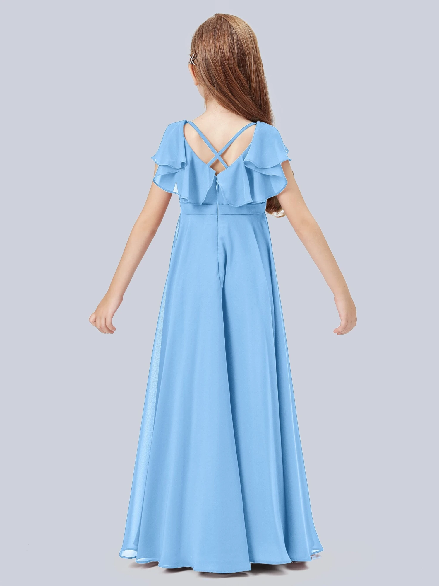 Flounce Cap Sleeves Chiffon Junior Bridesmaid Dress - Image 12