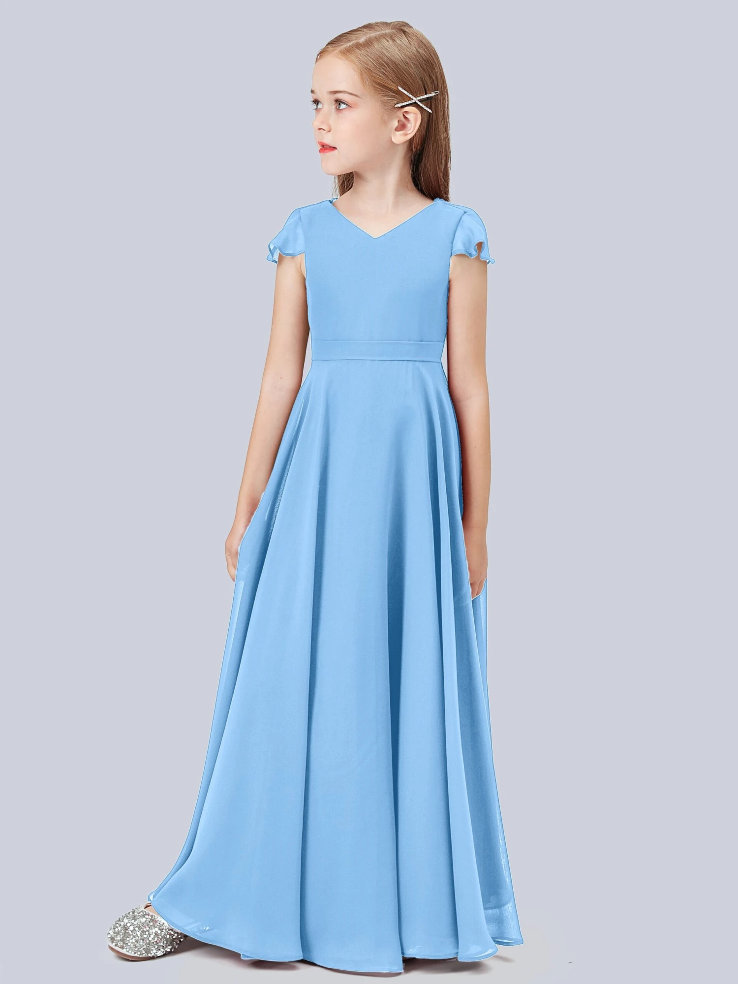 Flounce Cap Sleeves Chiffon Junior Bridesmaid Dress - Image 13