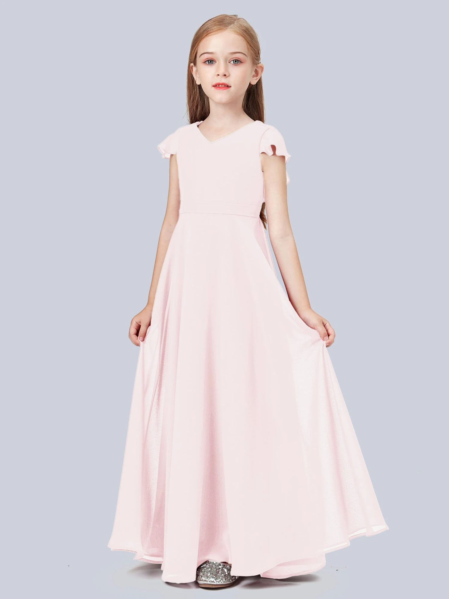 Flounce Cap Sleeves Chiffon Junior Bridesmaid Dress - Image 14
