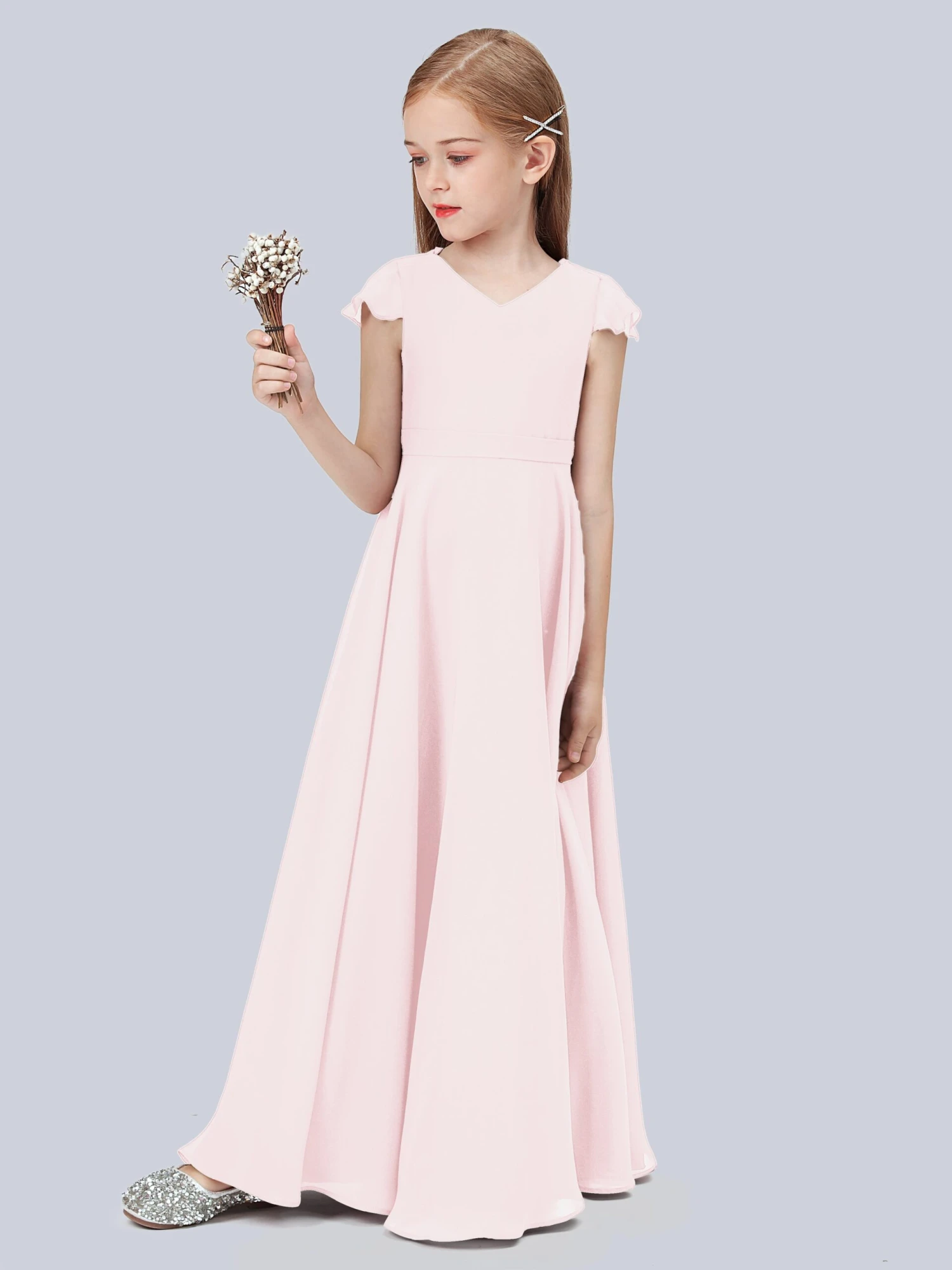 Flounce Cap Sleeves Chiffon Junior Bridesmaid Dress - Image 15