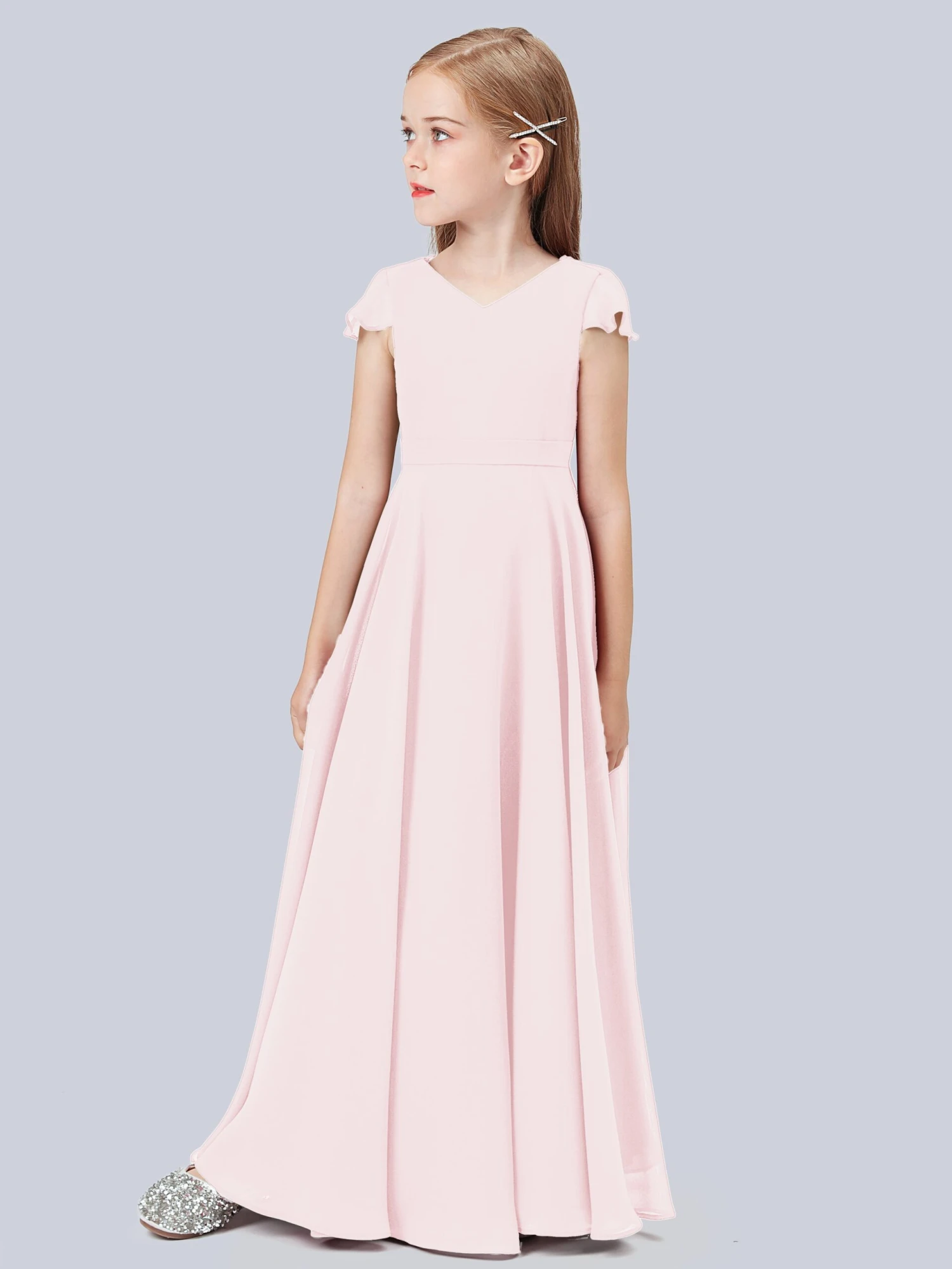 Flounce Cap Sleeves Chiffon Junior Bridesmaid Dress - Image 17