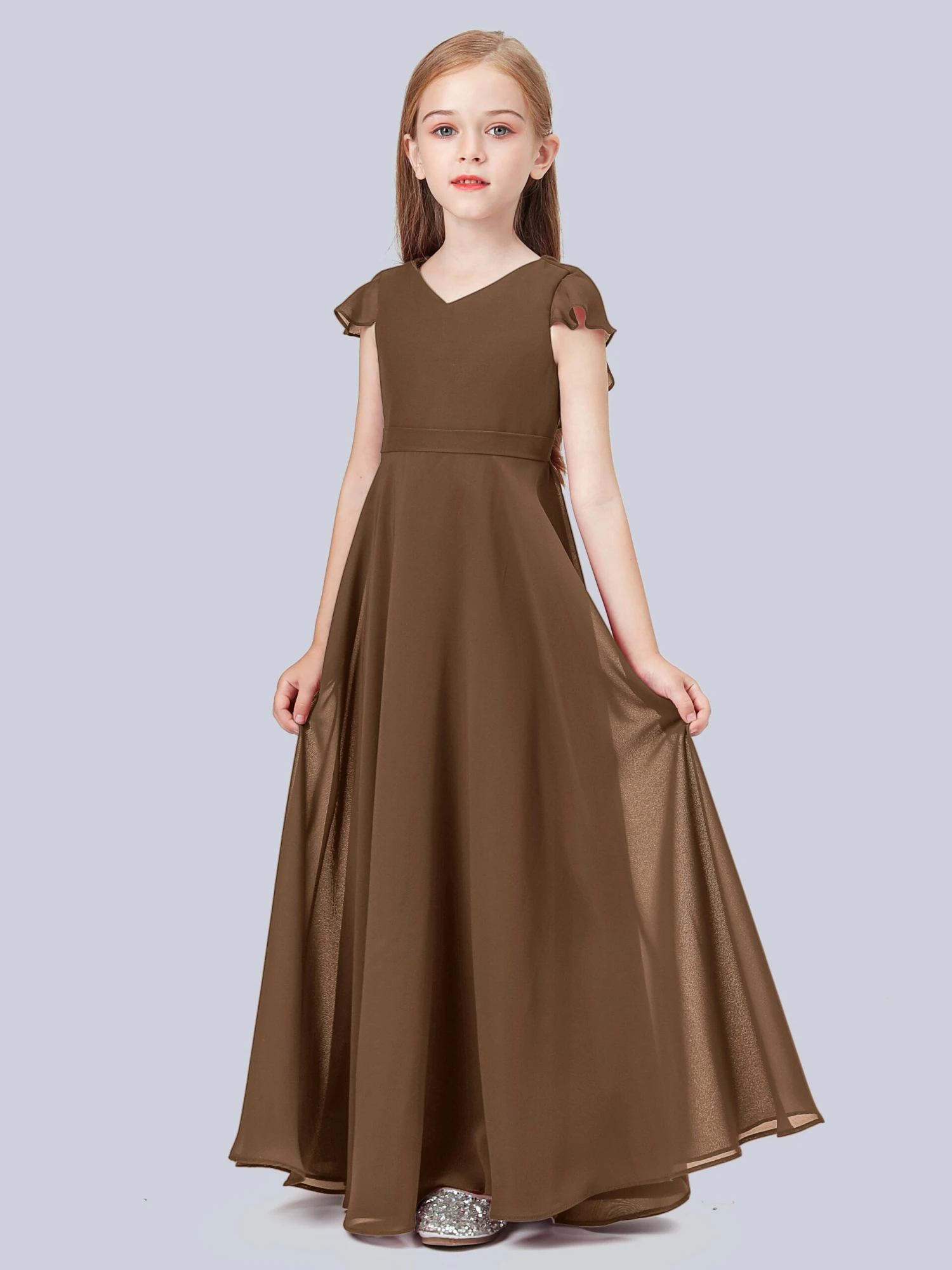 Flounce Cap Sleeves Chiffon Junior Bridesmaid Dress - Image 18