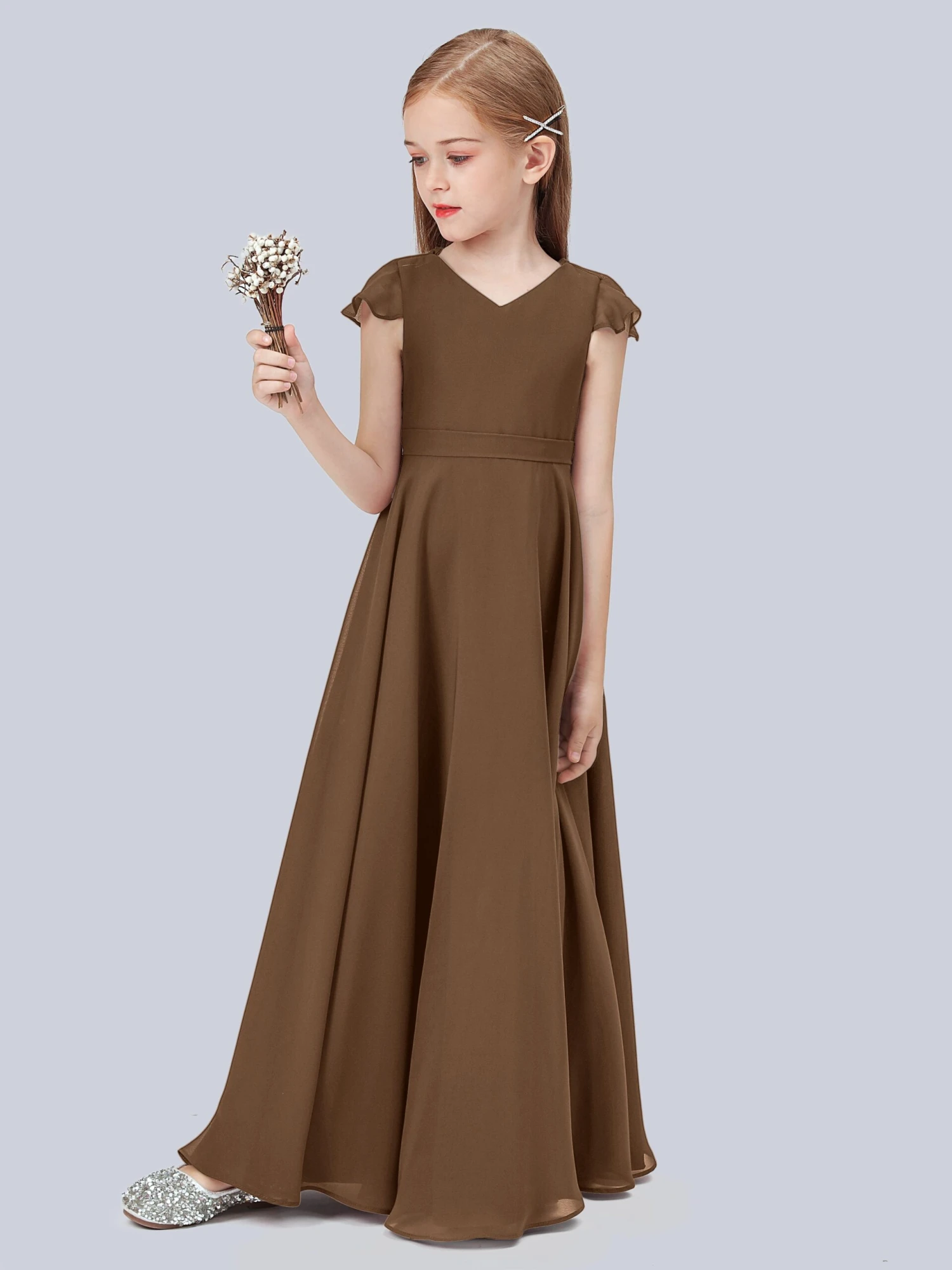 Flounce Cap Sleeves Chiffon Junior Bridesmaid Dress - Image 19